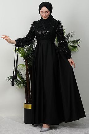 لباس مجلسی حجاب مشکی زنانه یقه ایستاده GİYZAMİLA - کد 929029024