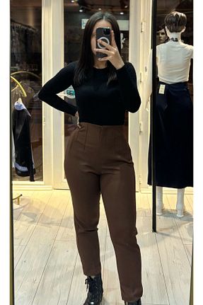 شلوار پارچه ای قهوه ای زنانه فاق بلند TRENDBUTİK - کد 904105702