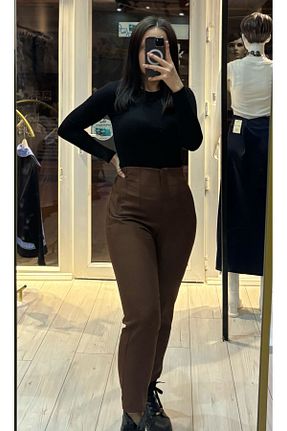 شلوار پارچه ای قهوه ای زنانه فاق بلند TRENDBUTİK - کد 904105702