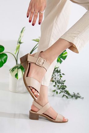 صندل بژ زنانه پاشنه ضخیم ANALİN SHOES - کد 904438971