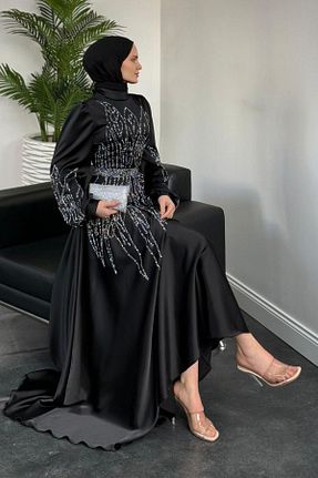 لباس مجلسی حجاب مشکی زنانه یقه ایستاده MERVEN AKYÜZ - کد 904661306