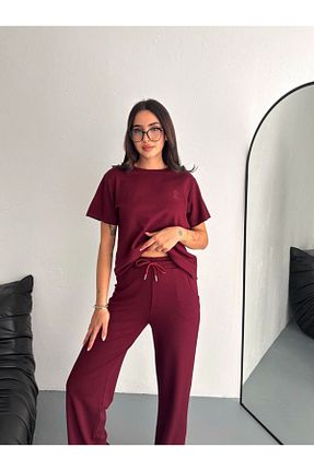ست بالاتنه و پائین تنه زرشکی زنانه بافتنی Pimody - کد 904658512