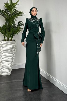 لباس مجلسی حجاب سبز زنانه آستین استاندارد MERVEN AKYÜZ - کد 904661344