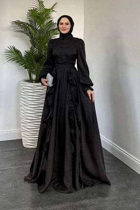 لباس مجلسی حجاب مشکی زنانه یقه ایستاده MERVEN AKYÜZ - کد 904660614