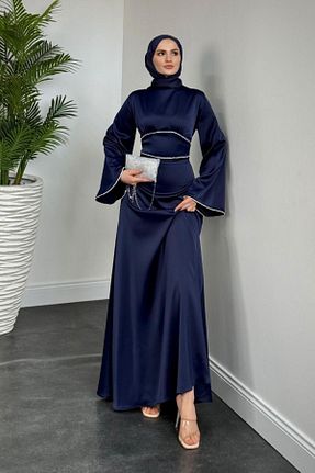 لباس مجلسی حجاب سرمه ای زنانه یقه ایستاده MERVEN AKYÜZ - کد 904660687