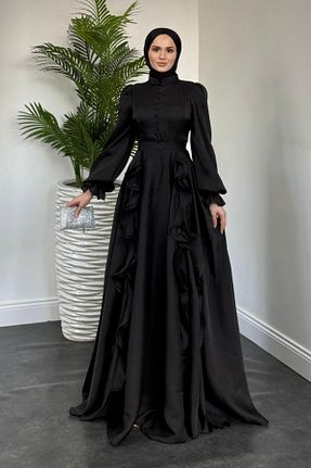 لباس مجلسی حجاب مشکی زنانه یقه ایستاده MERVEN AKYÜZ - کد 904660614