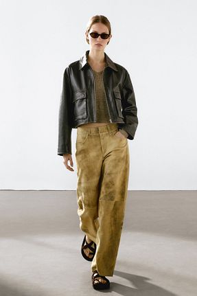 شلوار بژ زنانه چرم خالص Massimo Dutti - کد 904684651