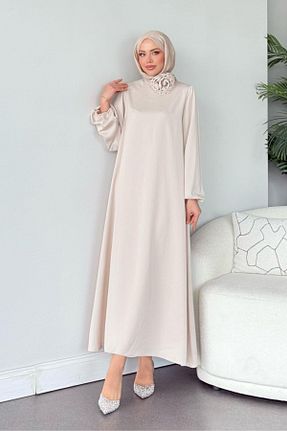 لباس مجلسی حجاب بژ زنانه یقه ایستاده HAZA MODA - کد 904817563
