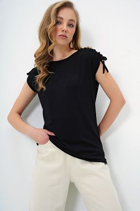 تیشرت مشکی زنانه Relaxed Trend Alaçatı Stili - کد 903472182