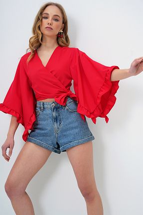بلوز قرمز زنانه طرح دار Trend Alaçatı Stili - کد 903022291