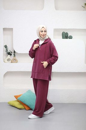 ست بالاتنه و پائین تنه زرشکی زنانه بافتنی MERVE TESETTÜR - کد 902961103