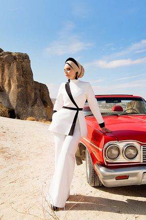 کت و شلوار سفید زنانه یقه کتی Muslima Wear - کد 901998757