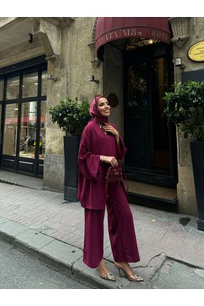 ست بالاتنه و پائین تنه زرشکی زنانه پنبه ای QALYAOFFİCİAL - کد 903021714
