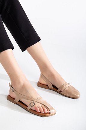 صندل بژ زنانه پاشنه تخت SUİNS SHOES - کد 903249064