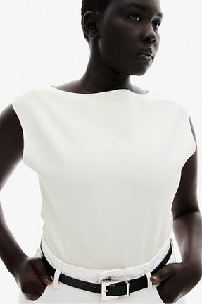 تیشرت سفید زنانه یقه قایقی H&M - کد 904737319