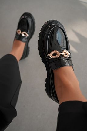 کفش لوفر مشکی زنانه چرم لاکی selinshoes - کد 904799170