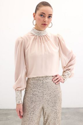 بلوز بژ زنانه چاپی Sateen - کد 903739452