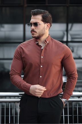 پیراهن قهوه ای مردانه یقه دکمه دار Valiberta - کد 903748762