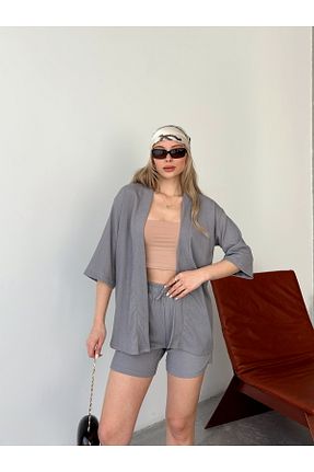 ست بالاتنه و پائین تنه طوسی زنانه بافتنی AFROGİYİM - کد 903831090