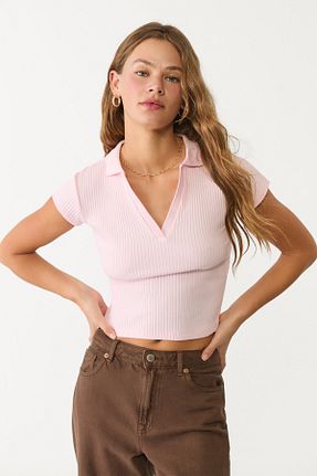 تیشرت صورتی زنانه کراپ Stradivarius - کد 904053822