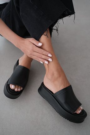 دمپائی مشکی زنانه چرم مصنوعی selinshoes - کد 904110276