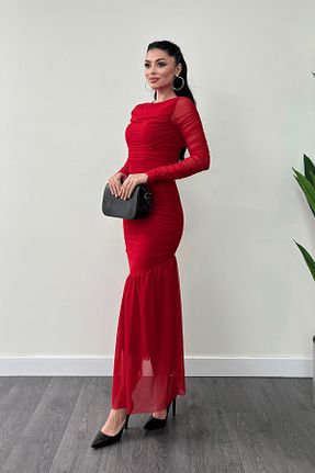 لباس مجلسی و فارغ التحصیلی قرمز زنانه آستین ژولیده/ چروک giyimmasalı - کد 904459524
