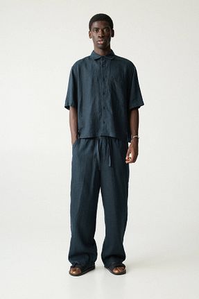 شلوار سرمه ای مردانه کتان Pull & Bear - کد 904461018