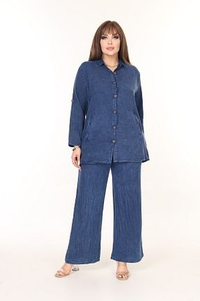 ست بالاتنه و پائین تنه سایز بزرگ سرمه ای زنانه فاق بلند özle fashion - کد 905779098