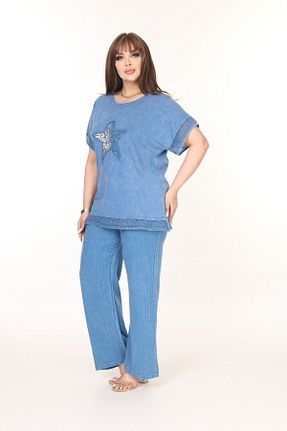 ست بالاتنه و پائین تنه سایز بزرگ آبی زنانه بافتنی özle fashion - کد 905794410