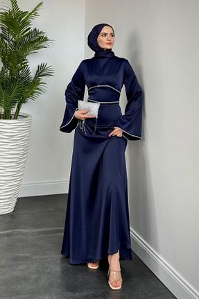 لباس مجلسی حجاب سرمه ای زنانه یقه ایستاده MERVEN AKYÜZ - کد 904660687