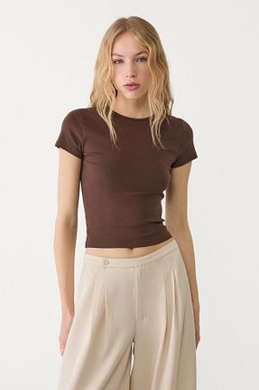 تیشرت قهوه ای زنانه اسلیم فیت Stradivarius - کد 904660927