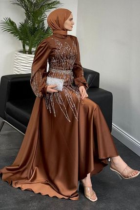 لباس مجلسی حجاب قهوه ای زنانه یقه ایستاده MERVEN AKYÜZ - کد 904661273
