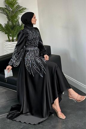 لباس مجلسی حجاب مشکی زنانه یقه ایستاده MERVEN AKYÜZ - کد 904661306