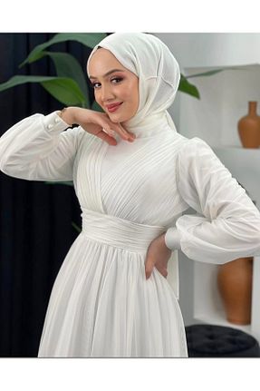 لباس مجلسی حجاب سفید زنانه یقه دوچرخه GÜZELLER - کد 906023735