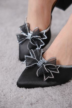 کفش پاشنه بلند کلاسیک مشکی زنانه ساتن Moda Değirmeni - کد 902267932
