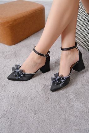 کفش پاشنه بلند کلاسیک مشکی زنانه ساتن Moda Değirmeni - کد 902267932