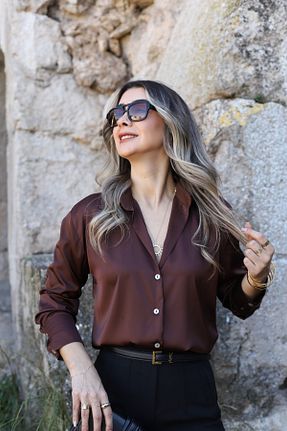 پیراهن قهوه ای زنانه اورسایز bytugcekaya - کد 905528862
