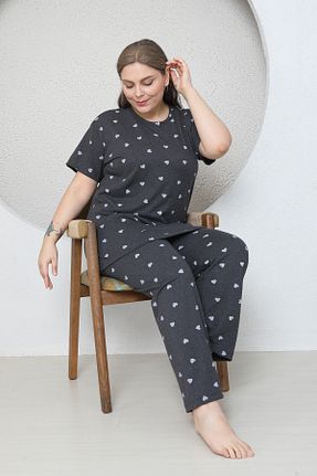 ست لباس راحتی سایز بزرگ طوسی زنانه طرح دار FAMES PİJAMA - کد 905588005