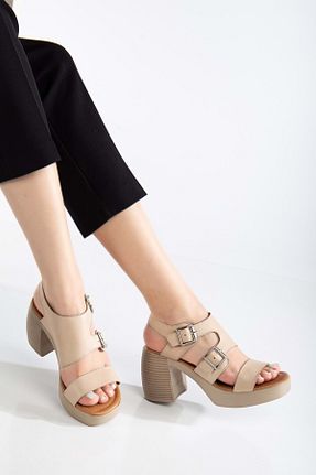 صندل بژ زنانه پاشنه ضخیم ANALİN SHOES - کد 905736590