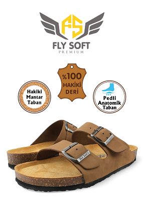 دمپائی قهوه ای مردانه چرم خالص FLY SOFT - کد 841322928