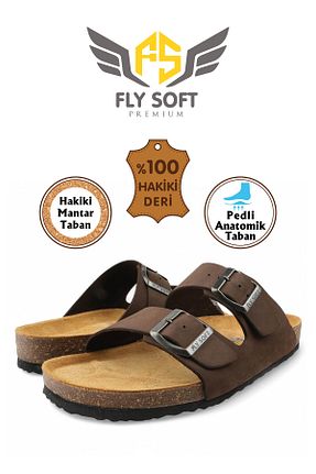 دمپائی قهوه ای مردانه چرم خالص FLY SOFT - کد 841288131