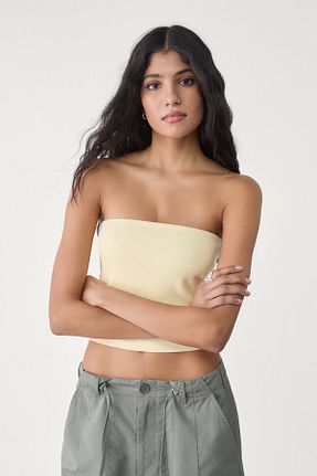 تیشرت زرد زنانه کروپ فیت Stradivarius - کد 906433087