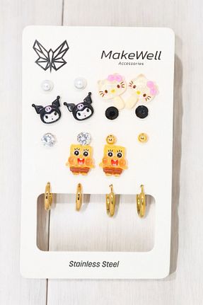 گوشواره استیل (فولاد) رنگی بچه گانه استیل ضد زنگ MakeWell - کد 870890297