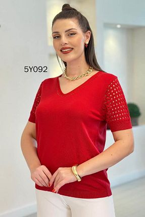 پلیور قرمز زنانه Ajurlu İnce Topuk - کد 917390905