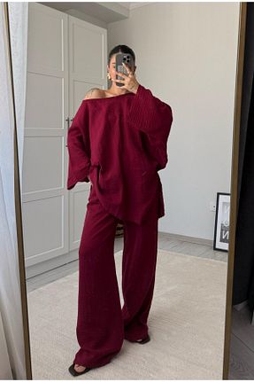 ست بالاتنه و پائین تنه زرشکی زنانه بافتنی Bak
