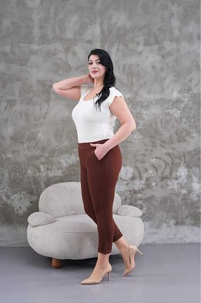 شلوار سایز بزرگ قهوه ای زنانه پنبه پلی استر Melis Designer - کد 905140199