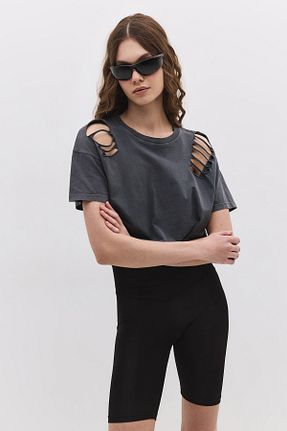 تیشرت طوسی زنانه کراپ No Matter What - کد 905286769