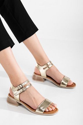 صندل طلائی زنانه پاشنه ضخیم ANALİN SHOES - کد 905284877