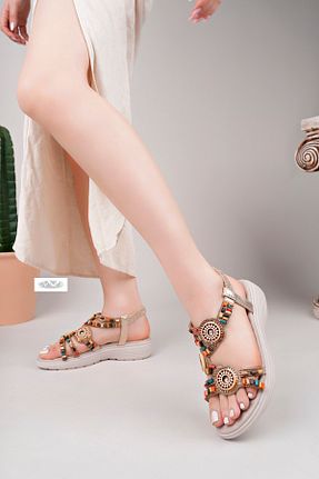 صندل بژ زنانه پاشنه تخت Demashoes - کد 905385630