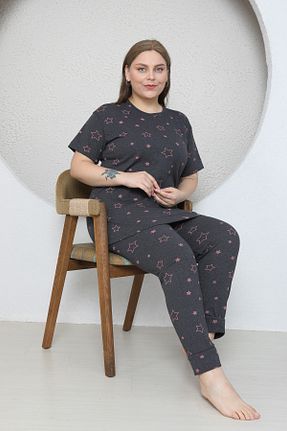 ست لباس راحتی سایز بزرگ طوسی زنانه طرح دار FAMES PİJAMA - کد 905588007